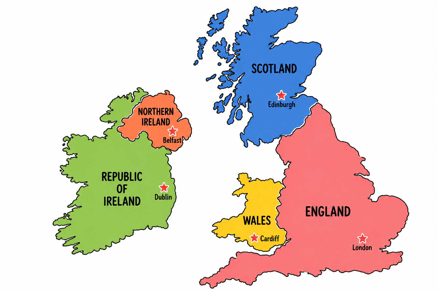 Carte du Royaume-Uni et de l'Irlande avec les capitales England, Scotland, Wales, Northern Ireland et Republic of Ireland