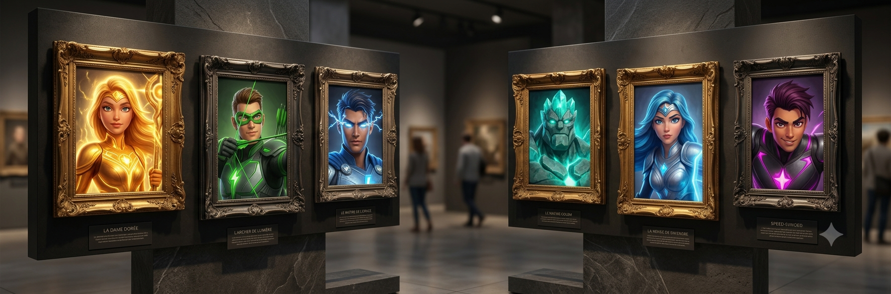 Six superhero portraits in a gallery: La Dame Dorée, L'Archer de Lumière, Le Maître de l'Orage, Le Natif Golem, La Menhir, Speed-Sword