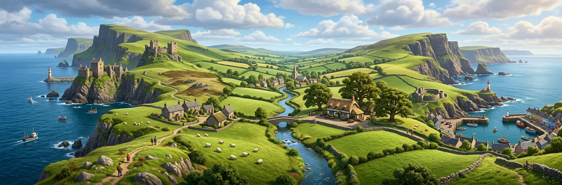 A green coastal landscape of the British Isles with cliffs, castles, a village, sheep grazing and small fishing boats
