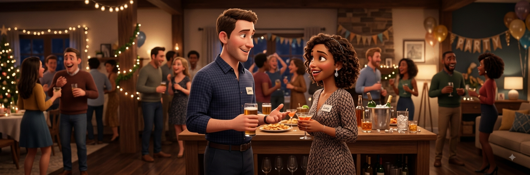 John and Lucy meeting for the first time at a party, wearing name tags and holding drinks
