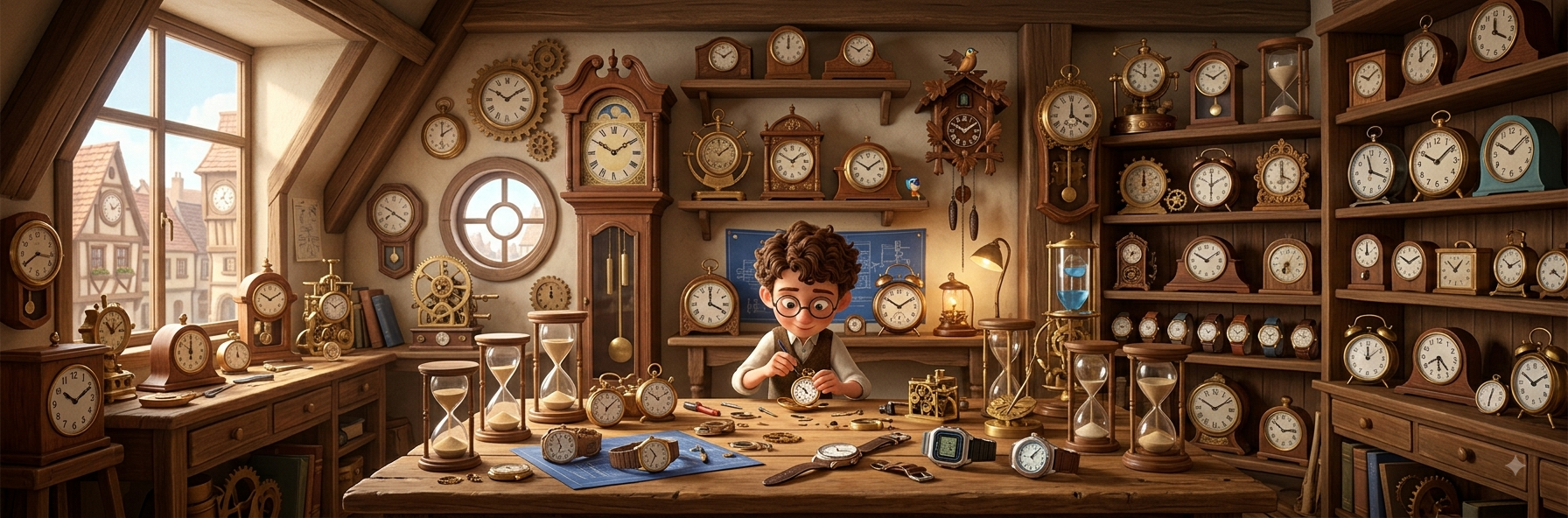 A young clockmaker at his workbench surrounded by clocks, watches and hourglasses of every kind