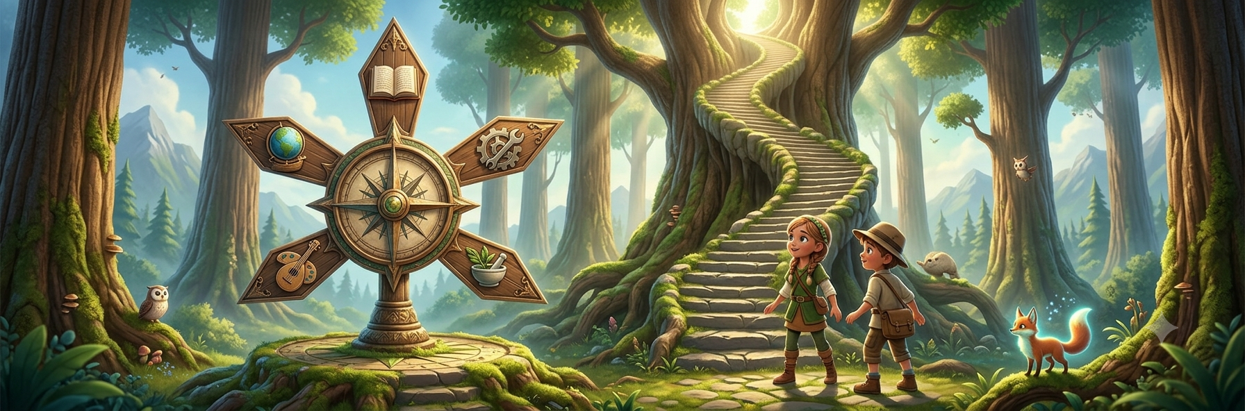 Two children looking at a signpost with symbols for different careers, standing at the foot of a staircase in an enchanted forest
