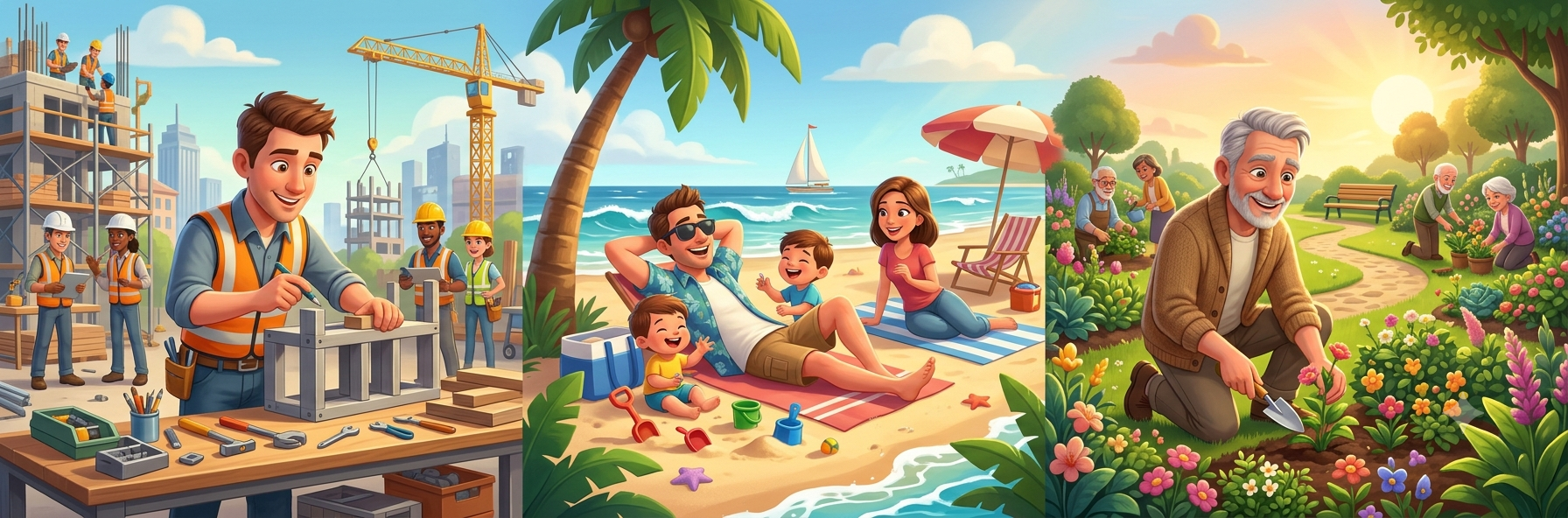 A construction worker, a family on holiday at the beach, and a retired man gardening
