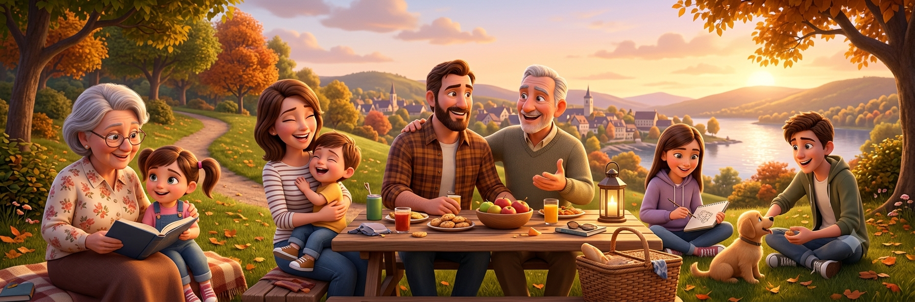 A multigenerational family having a picnic together in the countryside