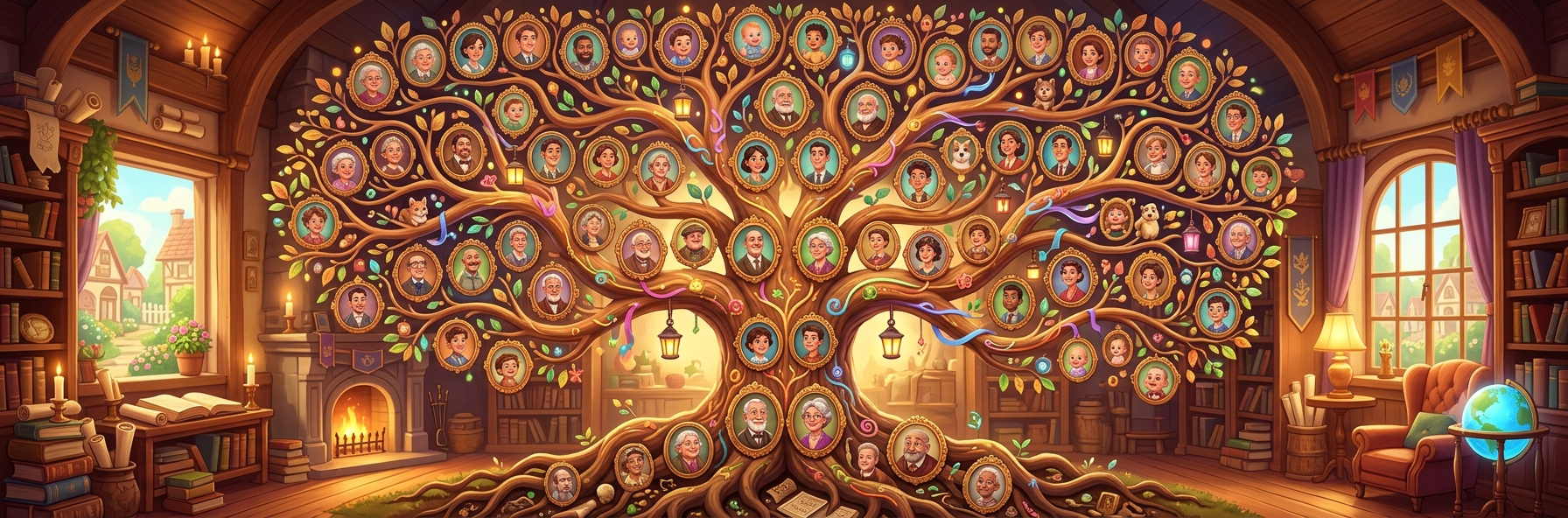 A large family tree covered in portrait frames, displayed on a wall in a cosy library