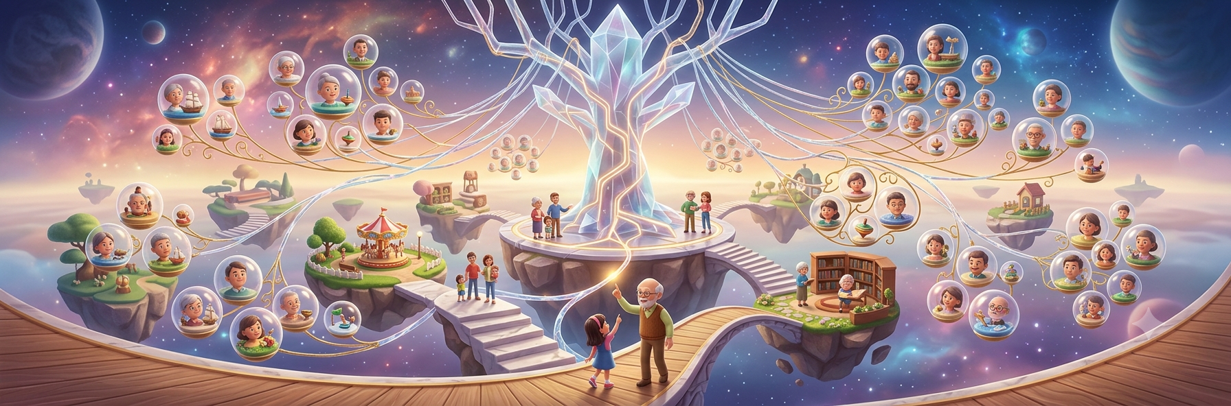 A magical family tree with floating islands and portraits connected by glowing branches