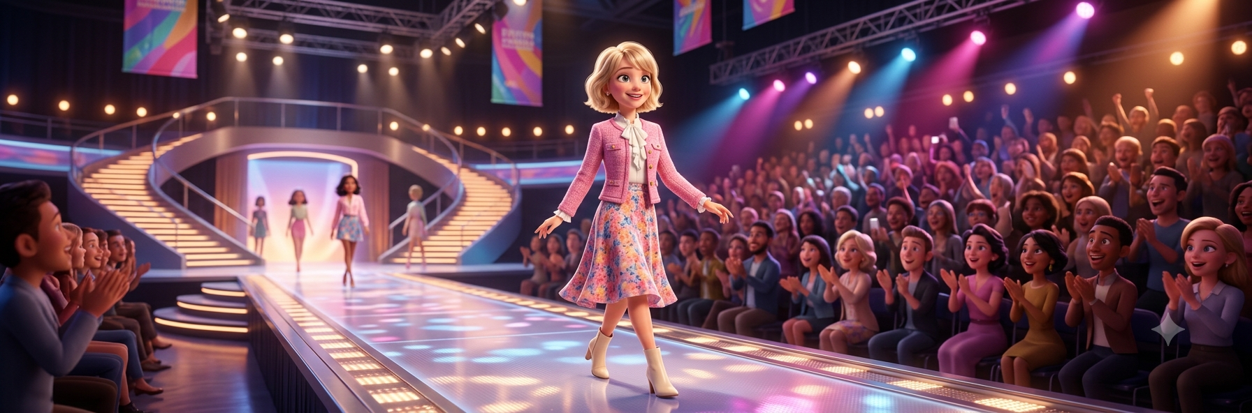 A model walking down a fashion show runway in front of a cheering crowd