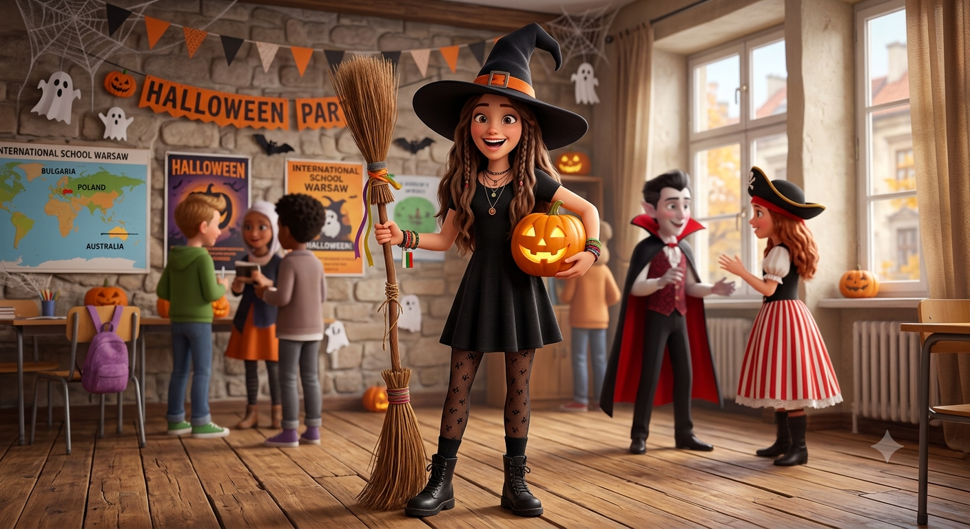 Asya dressed as a witch with a broomstick and a pumpkin, Andy dressed as a vampire and Anna dressed as a pirate, at their school Halloween party in Warsaw