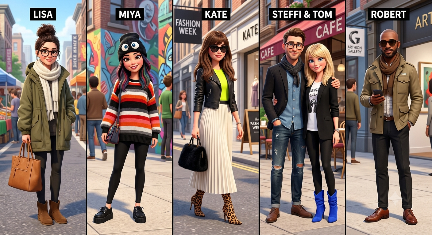 Lisa, Miya, Kate, Steffi and Tom, Robert wearing different outfits in the street