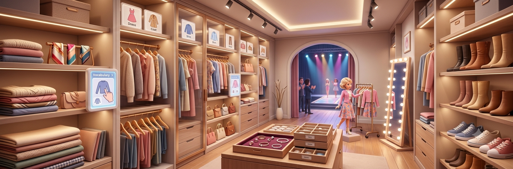 A walk-in wardrobe with labelled clothes, bags and jewellery, leading to a fashion show runway