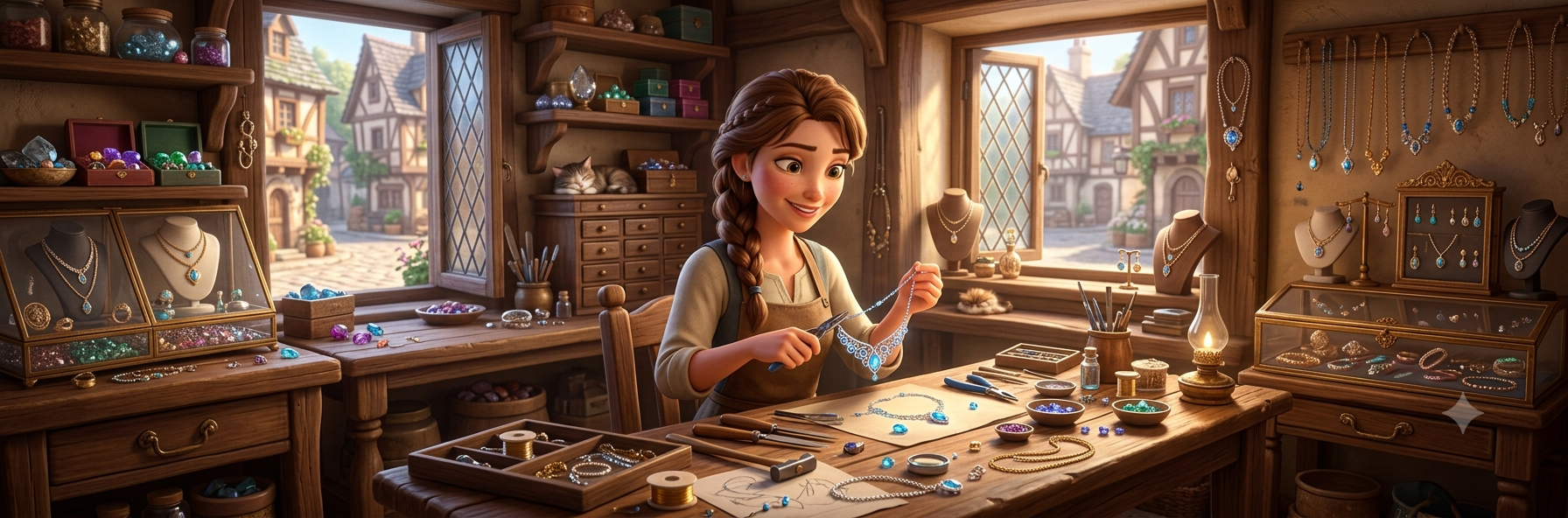 A jeweller crafting a necklace at her workbench, surrounded by rings, bracelets and necklaces on display