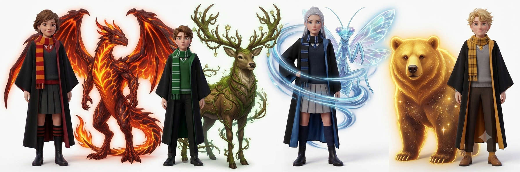 Four students in house uniforms with their house creatures: a fire dragon, a forest stag, an ice mantis and a golden bear