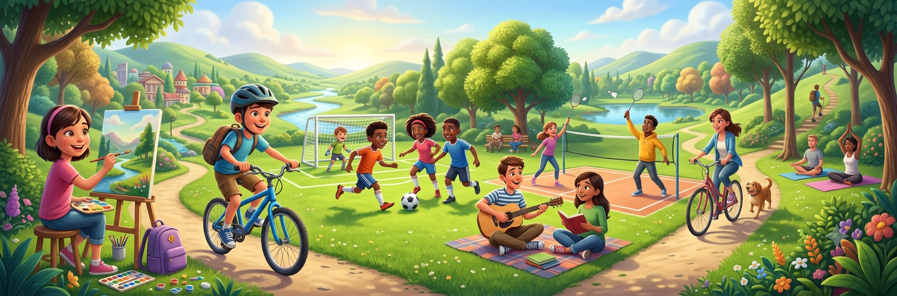 Teenagers doing different hobbies and sports in a park: painting, cycling, football, badminton, guitar, reading and yoga
