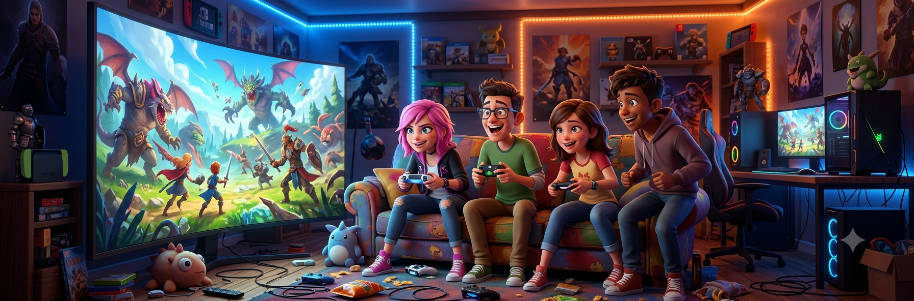 Four teenagers playing video games together on a couch in a cosy gaming room
