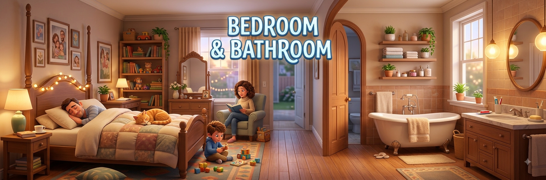 A cosy bedroom with a sleeping dad and cat, a girl reading and a boy playing, opening onto a bright tiled bathroom with a bathtub