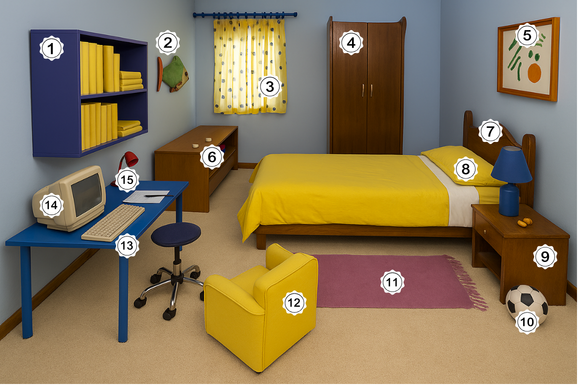 A bedroom with 15 numbered objects