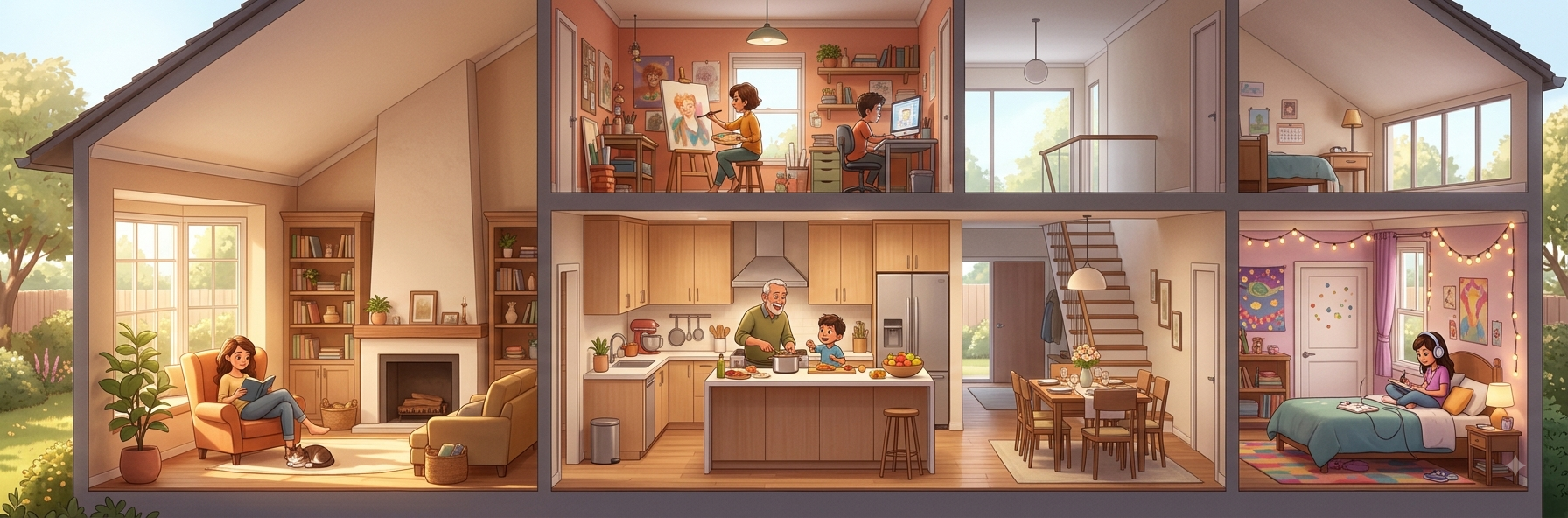 A cross-section of a house showing each family member's favourite decorated room: a cosy sitting room, an art studio, a kitchen, a dining room and a teenager's bedroom
