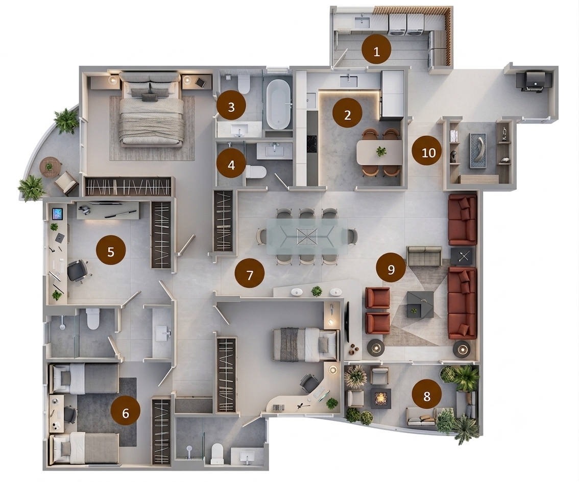 Floor plan with 10 numbered rooms