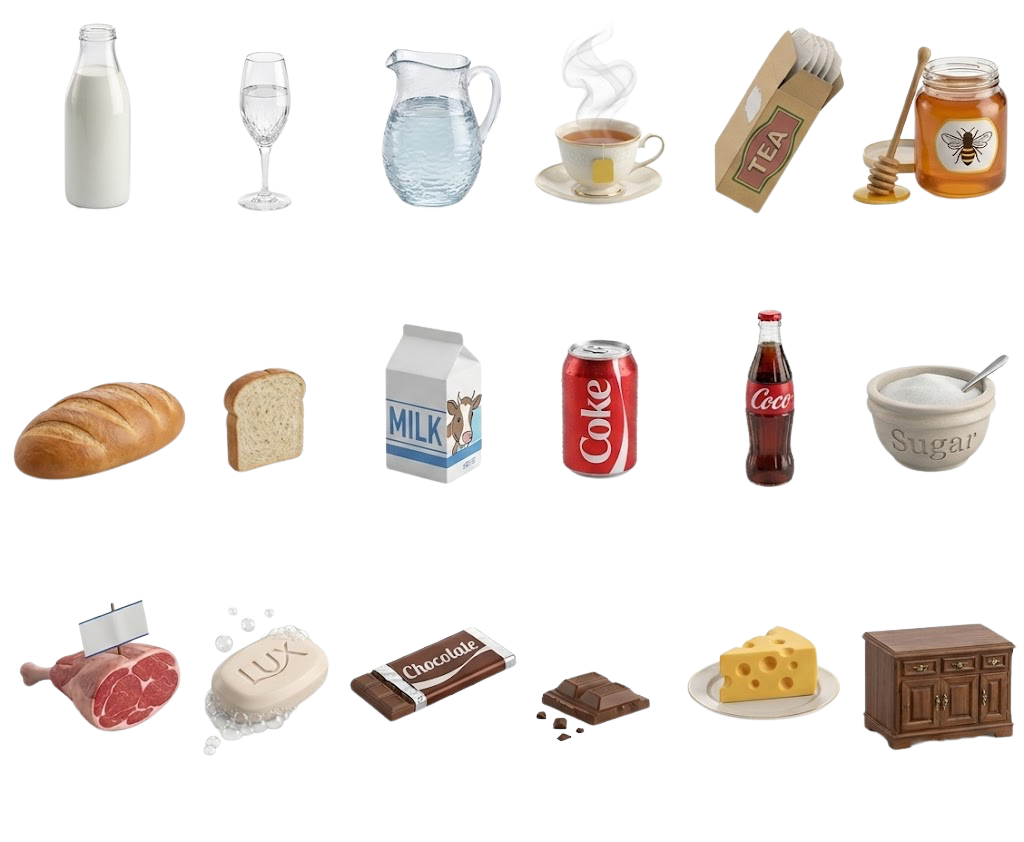 Pictures of containers and units: a bottle, a glass, a jug, a cup, a box, a jar, a loaf, a carton, a can, a bowl, a piece, a bar