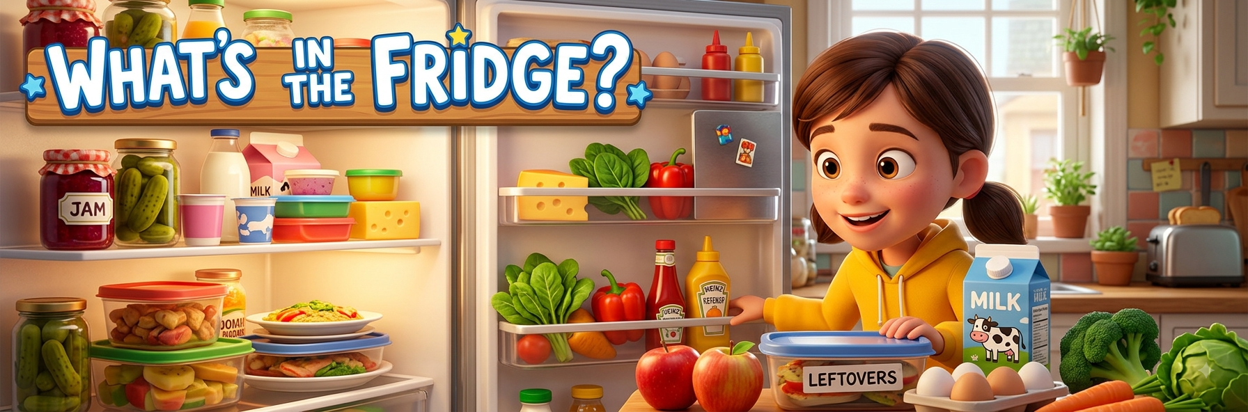 A girl in the kitchen looking inside an open fridge full of jam, milk, cheese, vegetables and leftovers