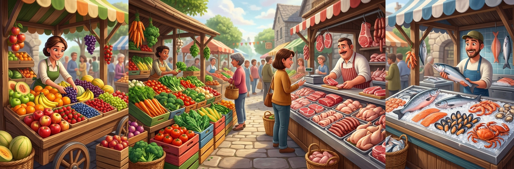 Fruit, Vegetables, Meat & Fish illustration