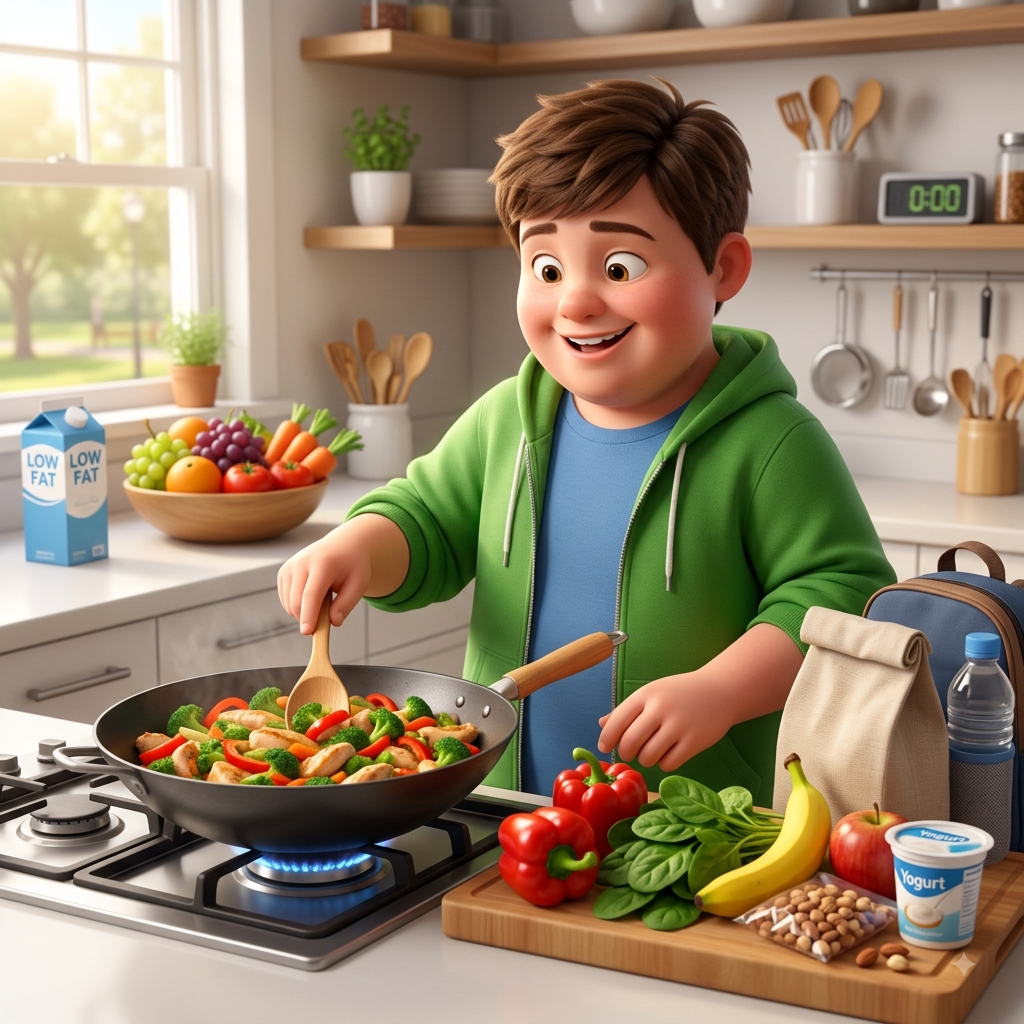 A teenage boy happily cooking a healthy vegetable and chicken stir-fry, with fruit, low-fat milk and a packed healthy lunch on the counter