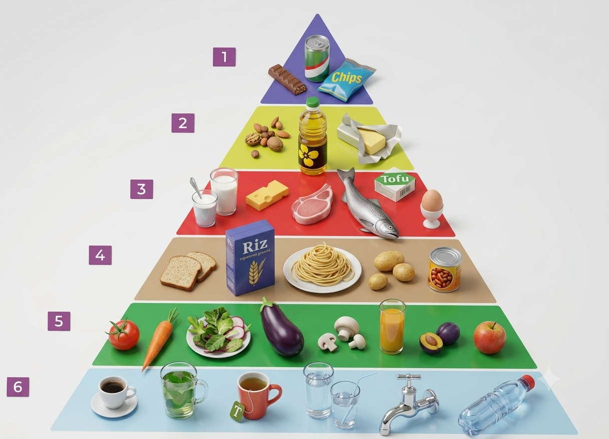 A food pyramid with 6 numbered levels, from top to bottom: snacks and soda, oils and fats, dairy/fish/meat/eggs, cereals and starchy food, fruit and vegetables, water