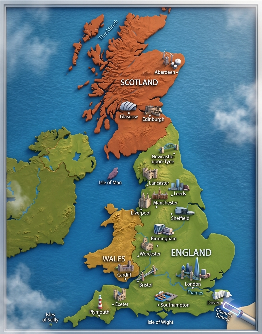 A map of the UK with cities: Aberdeen, Glasgow, Edinburgh, Newcastle, Lancaster, Leeds, Manchester, Liverpool, Sheffield, Birmingham, Worcester, Cardiff, Bristol, London, Exeter, Southampton, Dover, Plymouth
