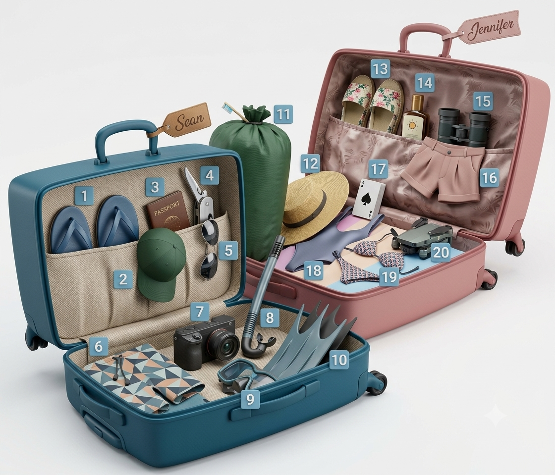 Two open suitcases with 20 numbered packed items