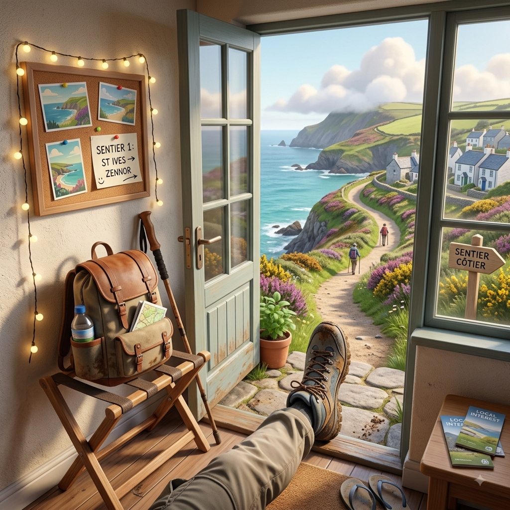 Hiking boots and a backpack by an open door looking out on a coastal walking trail