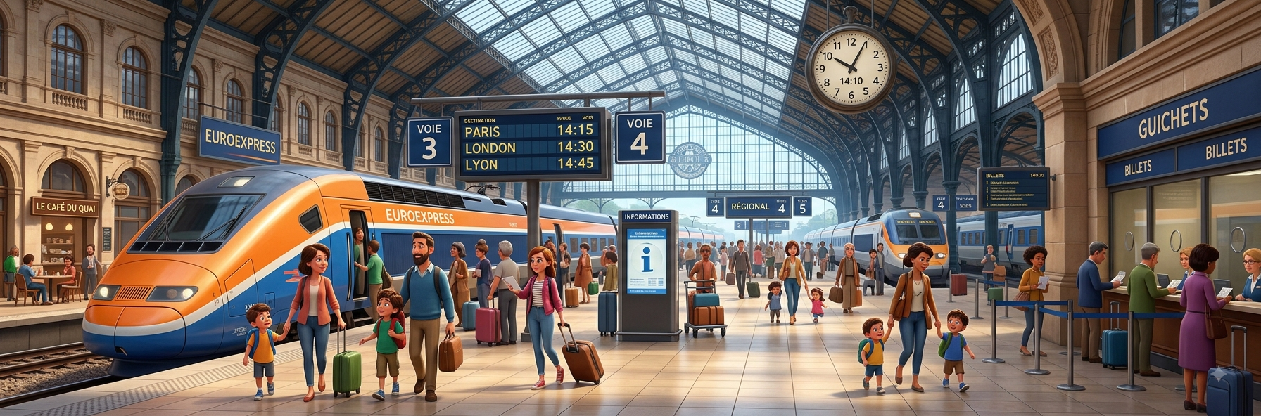 A grand railway station with a high-speed train, departure boards showing Paris, London and Lyon, and families with luggage on the platform
