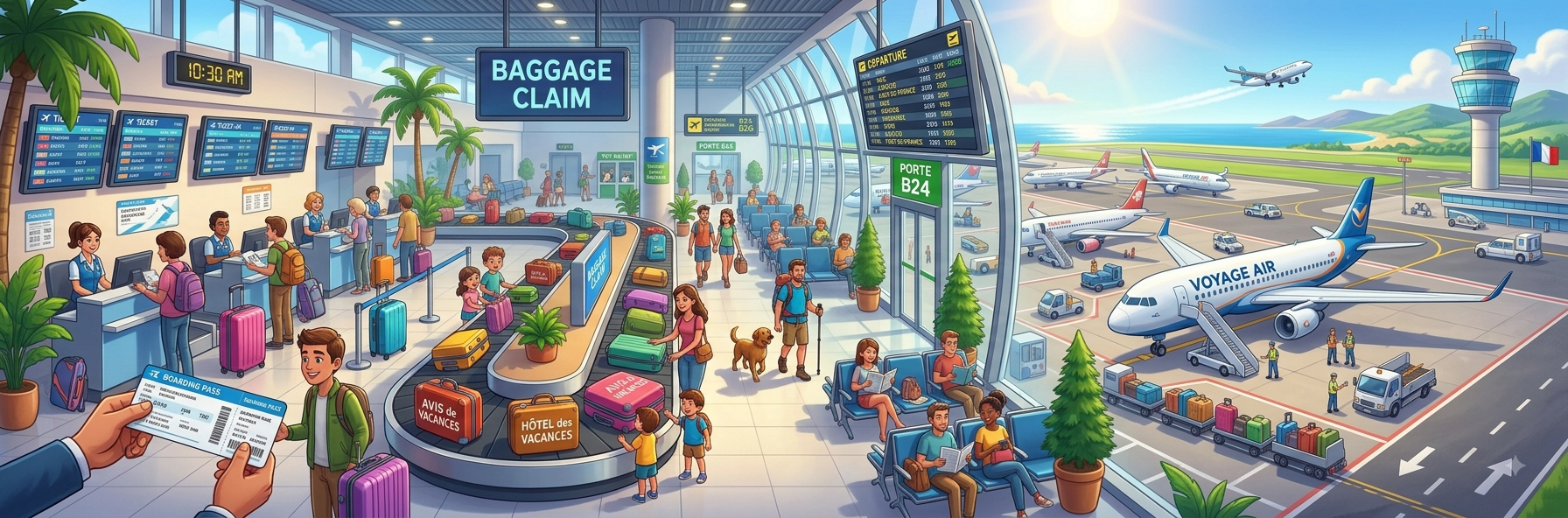 A busy airport with check-in counters, baggage claim, departure gates and planes on the tarmac
