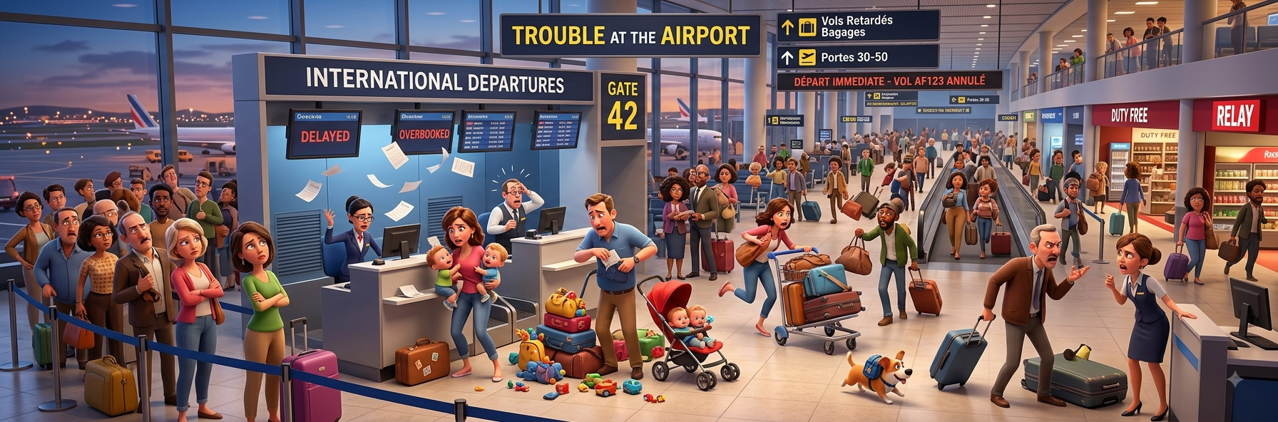 A chaotic airport departure hall with delayed and overbooked flights, worried travellers and luggage everywhere